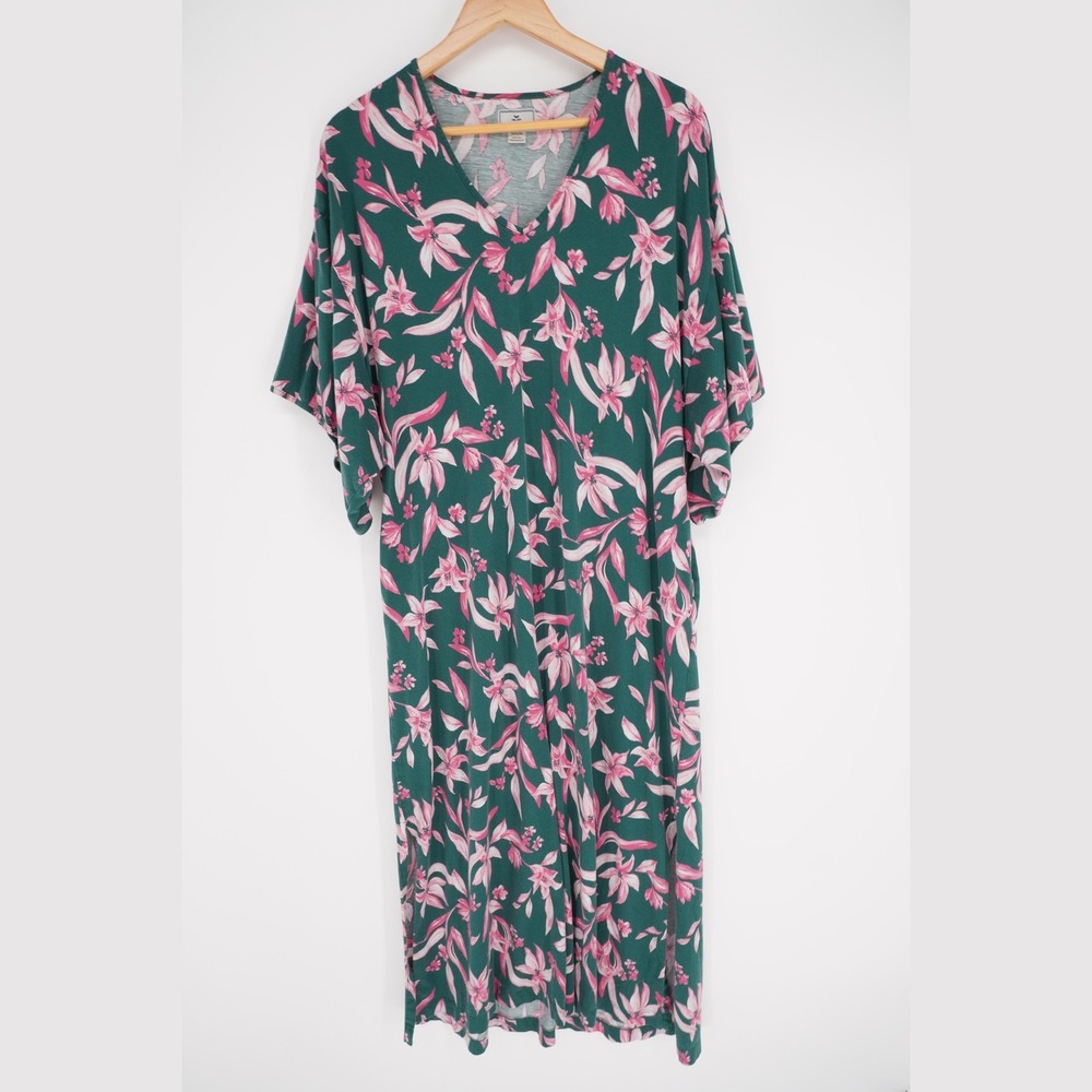 Petite Plume Nightgown Womens S Green Floral Maxi Kaftan Pima Cotton Pockets